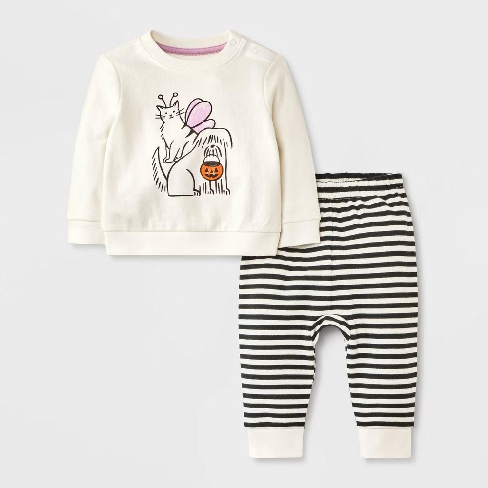 Cat & Jack 6-9M Baby Dog/Cat Trick-or-Treat Sweatshirt Jogger Set Cream Hallowee